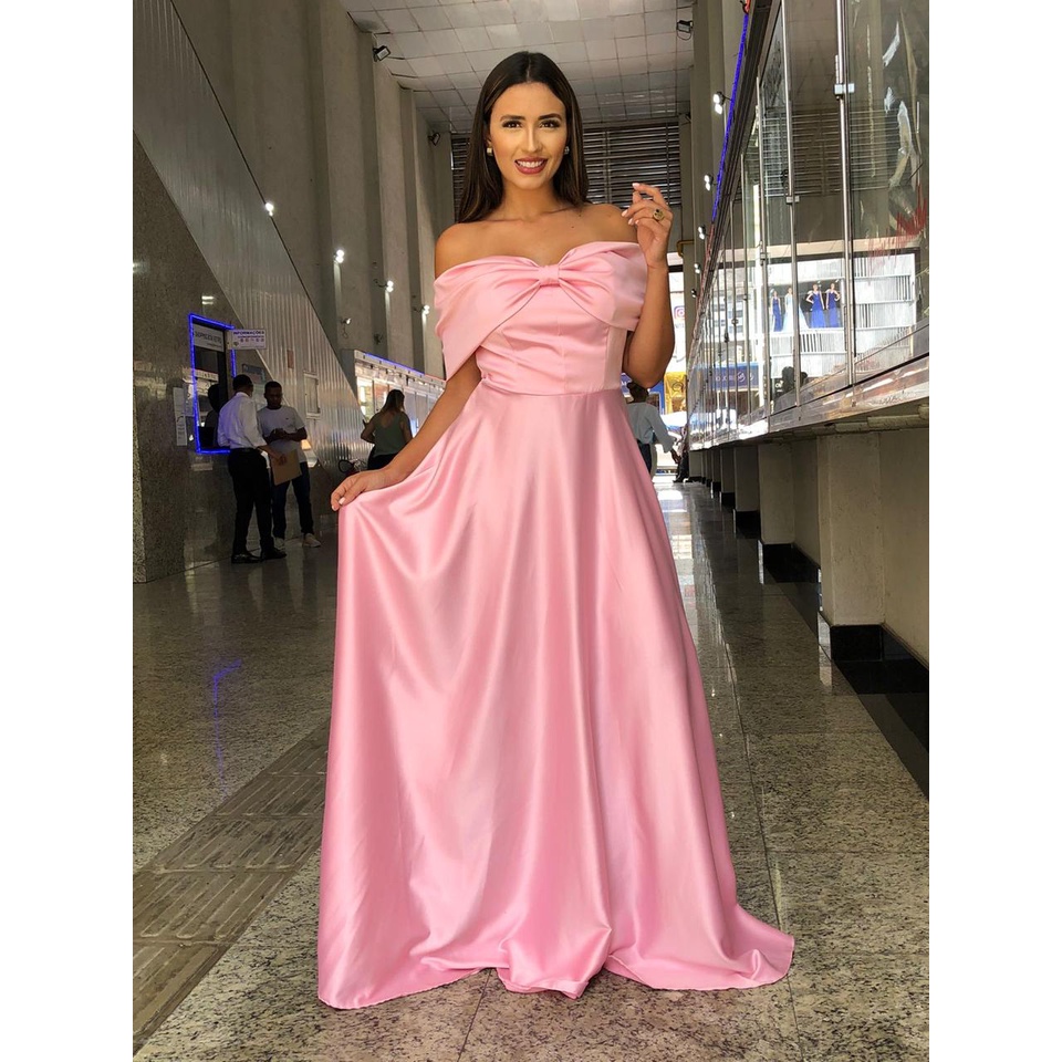 Vestido de Festa Ombro a Ombro com Laço no Decote Rosa Bebê