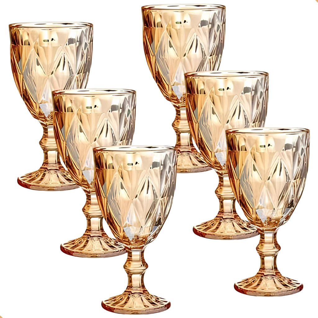 Jogo de 6 Taças de Vidro Diamond Transparente Ambar Furta Cor Verde Azul Fume Bico De Jaca 300ml