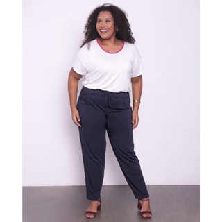 Calça Plus Size Reta Moletinho Amarração Preta