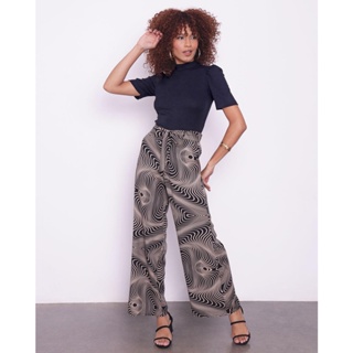 Calça Feminina Pantalona Estampada Viscose Preta