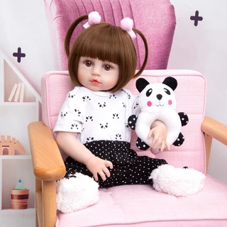 Brastoy Bebê Reborn Boneca 100% Silicone  48cm Menina Olhos Castanhos Panda