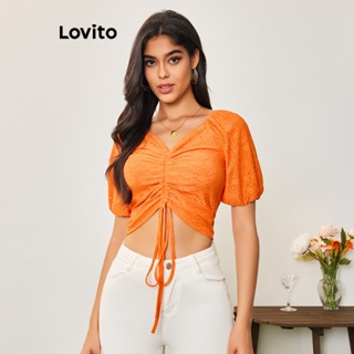 Lovito Casual Blusa Feminina Floral Estilo Romântico Amarrada com Cordão e Ilhós Bordados LBL05201 (Amarelo)