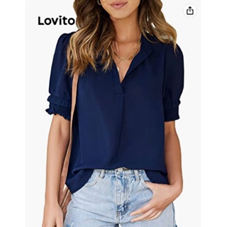 Lovito Blusa Casual Com Acabamento Em Alface Lisa Para Mulheres LNE31053 (Azul-Marinho)