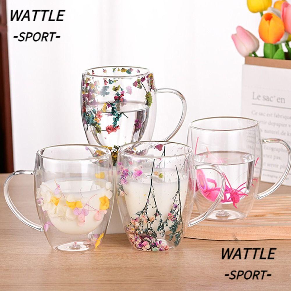 WATTLE Dry Flowers Cup , Copo De Vidro De Parede Dupla Simples Resistente Ao Calor , Com Alça Floral INS Tendências High Borosilicate Glass Espresso Caneca De Leite Criativa