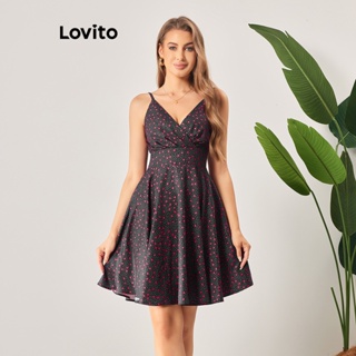 Lovito Vestido com Renda em X e Babado Floral para Mulheres LBL06101 (Preto)