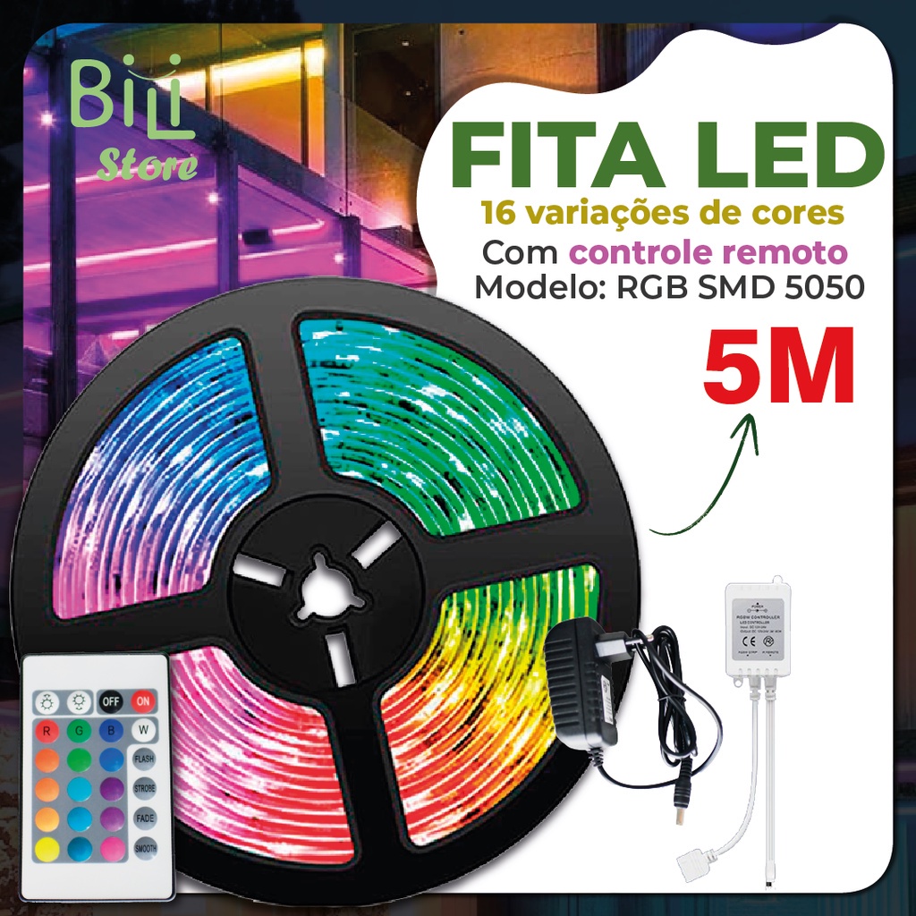 Fita LED 5050 Super Led Ultra RGB 5M 12v 300 Leds | Fita + Controle + Fonte | 16 Cores IP20 Pronta Entrega