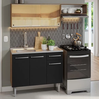 Armário de Cozinha Compacta 165cm com Pia Rustic/Preto Emilly Madesa 06 em Oferta na Shopee