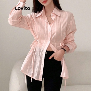Lovito Blusa Casual Lisa De Renda Com Botão Drapeado Apertando A Cintura Em Tecido Texturizado Para Mulheres L73AD001