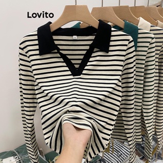 Lovito Camiseta Casual Listrada Com Gola Contrastante Para Mulheres LNE42230