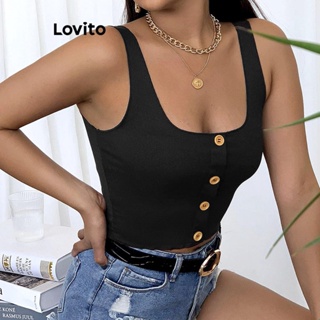 Lovito Regata Feminina Casual De Malha Canelada Com Botão Frontal Liso LNL42033