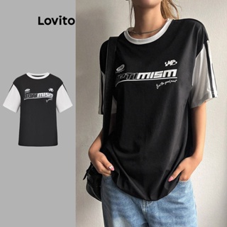 Lovito Camiseta Feminina Com Padrão Colorblock Com Letras Elegantes L74ED369