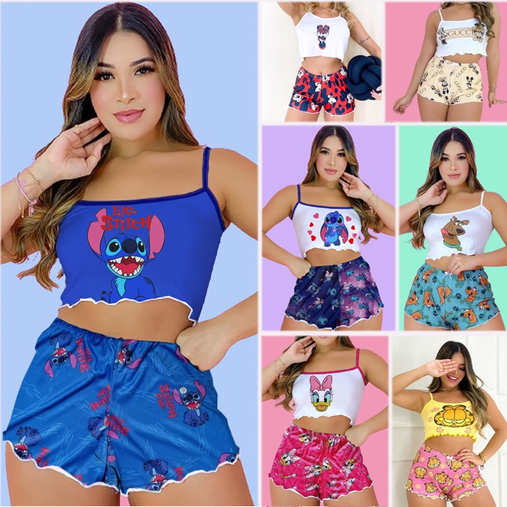 Pijama Curto Adulto Feminino Lilo Stitch Blusa E Short Doll - R$ 49,2
