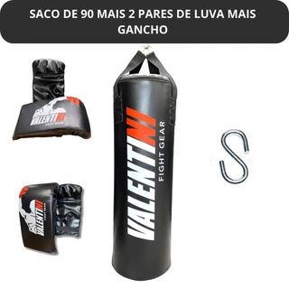 Saco de Pancada VALENTINI 90 cm - Treino Boxe Muay Thai - Alta Resistencia + 2 Luva Bate Saco Preta