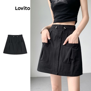 Lovito Saia Plissada Casual Com Bolso E Cordão Liso Para Mulheres LNE44206
