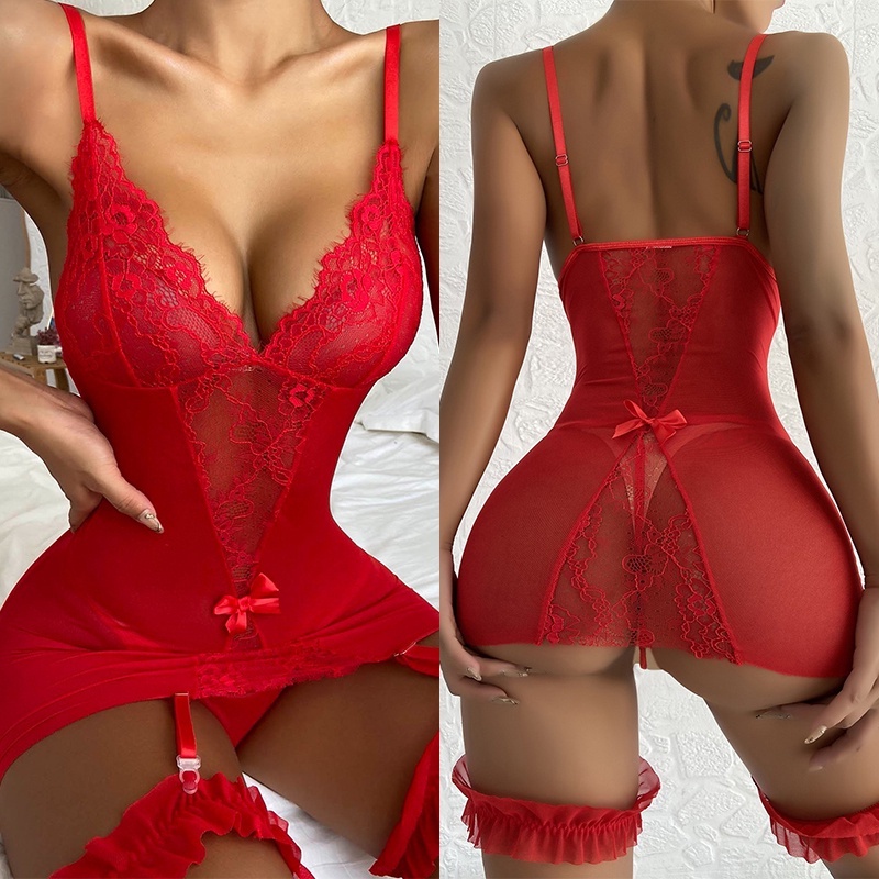 Lingerie Sexy Vermelho Transparente Feminino Erótico Roupa Íntima Quente Feminina Aberto Crotch Sex Cosplay Set Body