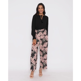 Calça Feminina Pantalona Viscose Floral Preta