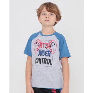 Camiseta Infantil Raglan Estampa Game Mescla Cinza