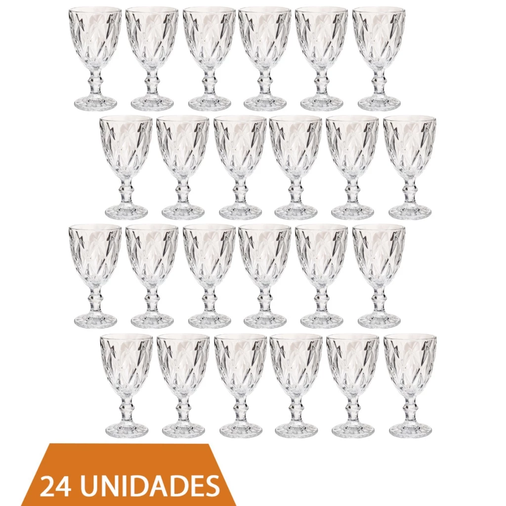 24 Copos Transparente Taças Diamante 300ml Para Agua Vinho