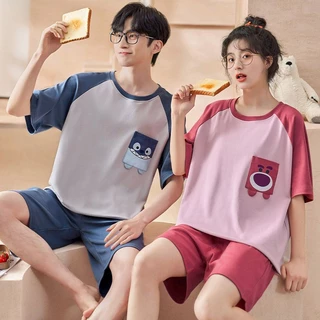 Pijamas casal casal pijamas puro algodão estilo fino um masculino um feminino meia manga Shorts terno versão coreana solto pode usar fora Loungewear 23.10.6