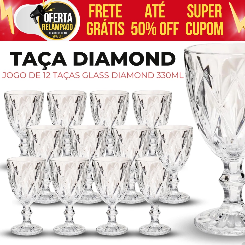 Jogo 12 Taça Diamante Copo Vidro Transparente Bico De Jaca 330ml