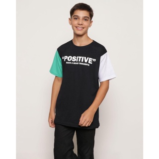 Camiseta Juvenil Positive Manga Bicolor Preta