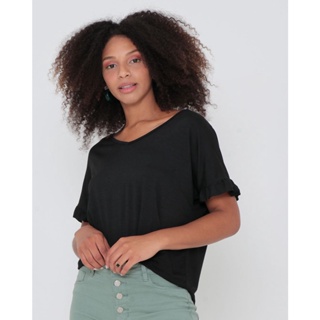 Blusa Manga Curta Com Babados Preto