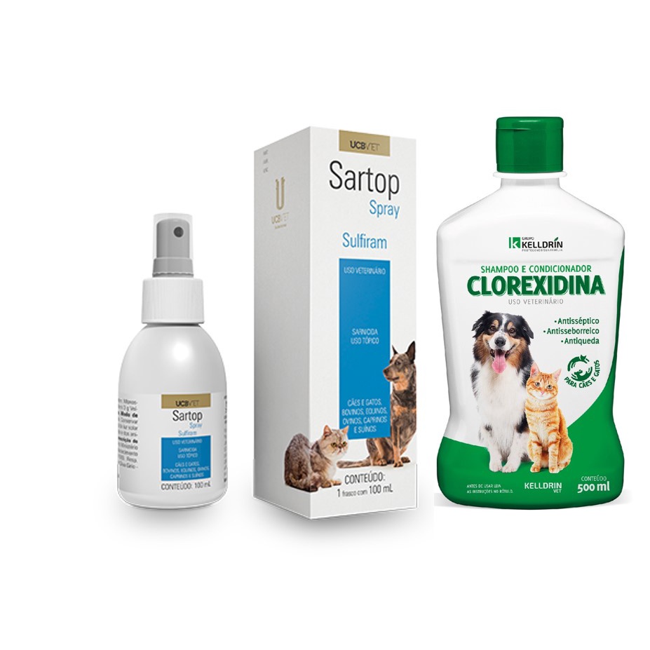 Kit tratamento dermatite Pet Com Shampoo Clorexidina e Sartop Spray