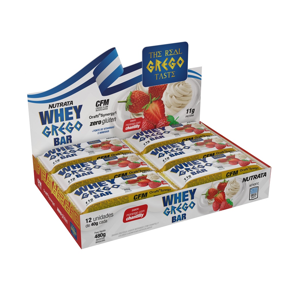 Whey Grego Bar Morango com Chantilly – Nutrata 12 un.