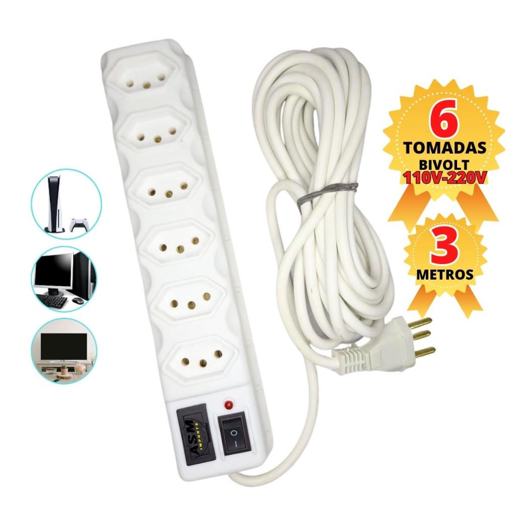 Filtro de Linha 3 Metros de Cabo Branco Varios Tamanhos Regua Eletrica Bivolt Tripolar 10A