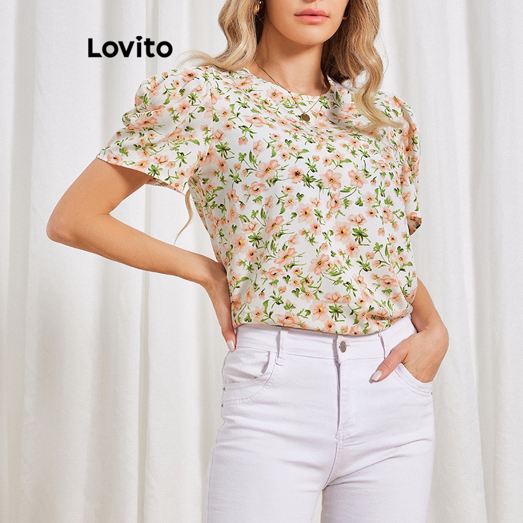 Lovito Blusa Feminina Casual Ditsy Floral Manga Bufante LBL06079 (Multicolorido)