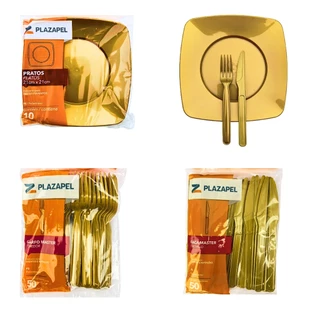 Kit 40 Pratos Acrílico Dourado Ouro Quadrado Refeição Com Talheres Garfo Faca Resistente Descartável