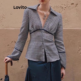 Lovito Blusa Casual Xadrez Com Fita Contrastante Para Mulheres LNE42099