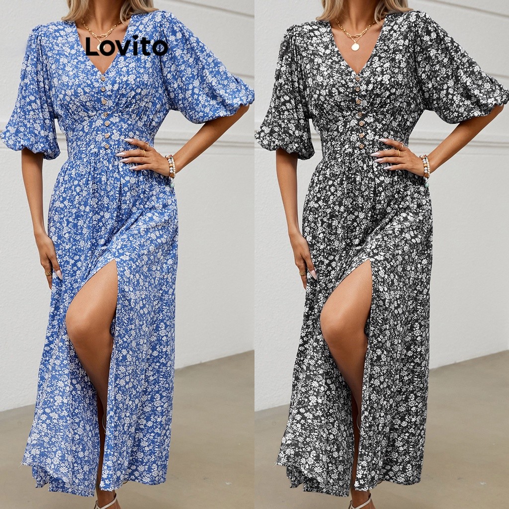 Lovito Casual Vestido Feminino Floral com Manga Bufante e Fenda LNE27237 (Azul)