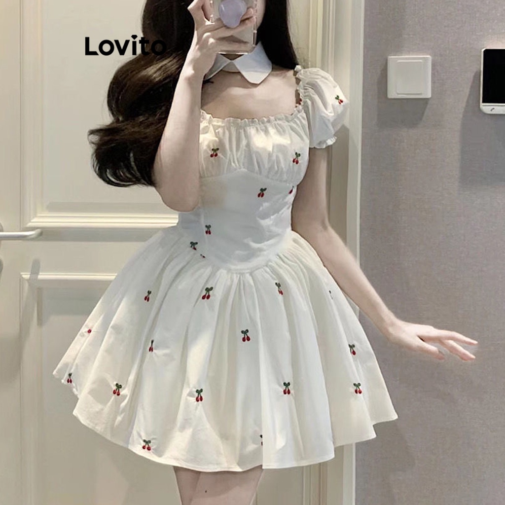 Lovito Vestido com Mangas Bufantes e Babados com Estampa Floral Ditsy para Mulheres Casuais LNA19003 (Branco)