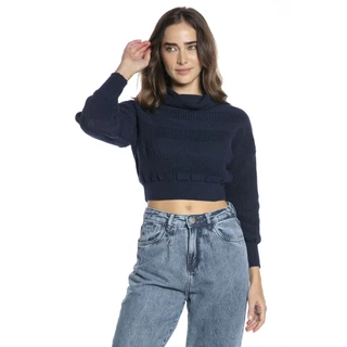 Suéter Curto Feminino Tricot Gola Alta Polo Wear Azul Escuro