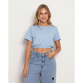 Blusa Feminina Cropped Texturizada Com Elástico Azul