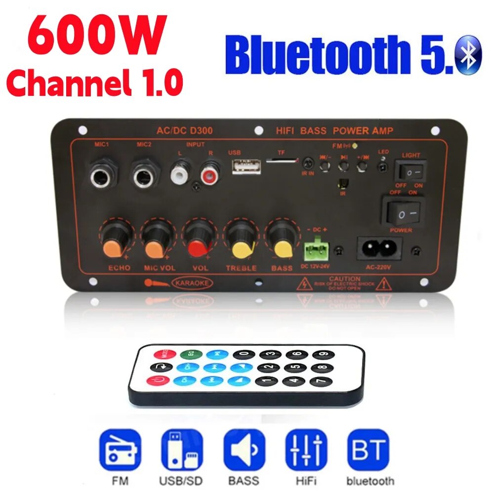 Placa Amplificadora MP3 Bluetooth 5.0 MP3 De 600W 12V 24V Dual Microphone AMP Módulo USB TF FM Carro Música Baixo Sem Perdas Para Subwoofer