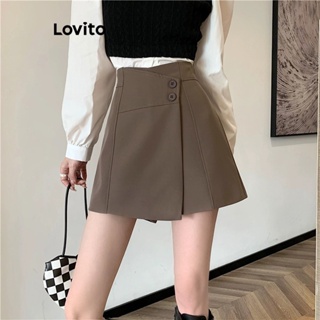 Lovito Shorts Casuais De Botão Liso Para Mulheres LNA33132 (Café/Preto)