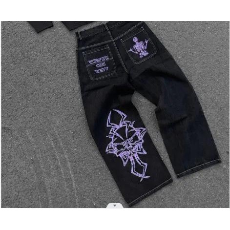 Y2K Jeans Homem Hip Hop Retro Skull Bordado De Crânio Lavado Calça