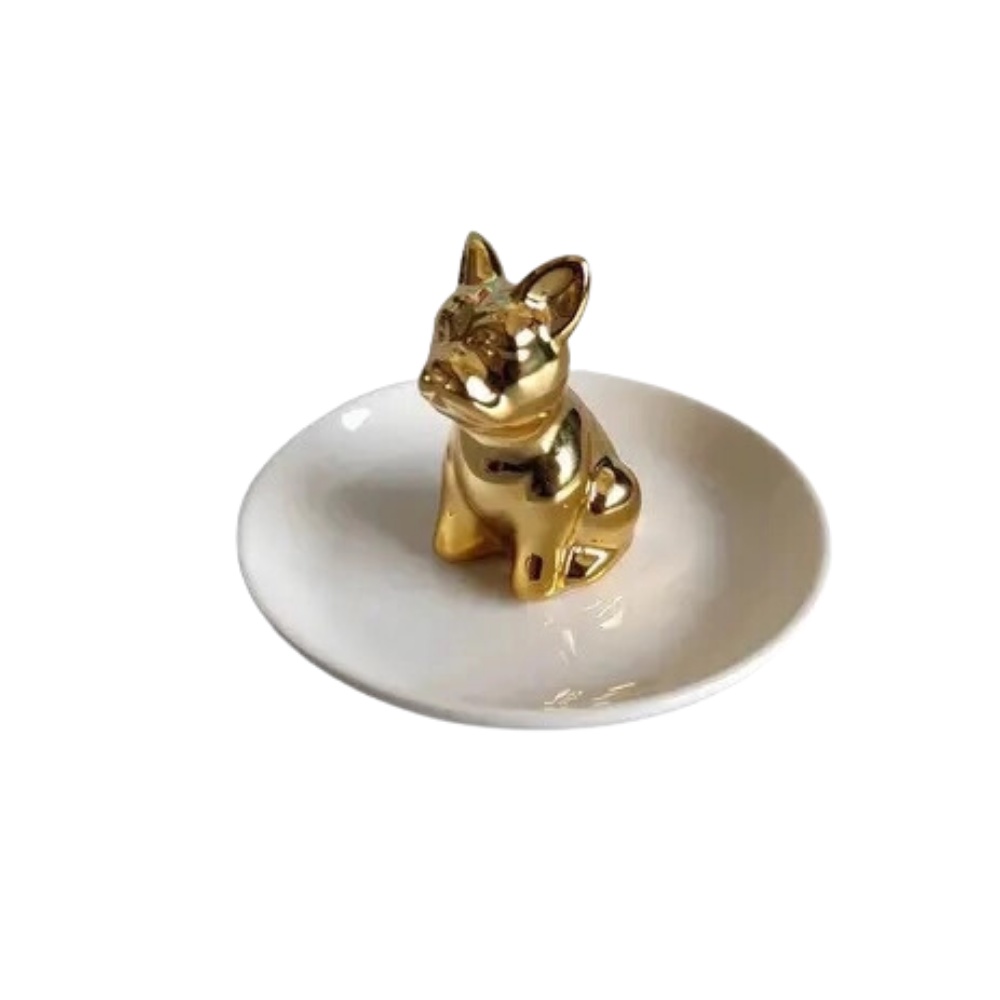 Prato de Cerâmica para Anéis com Cachorro Dourado Decorativo