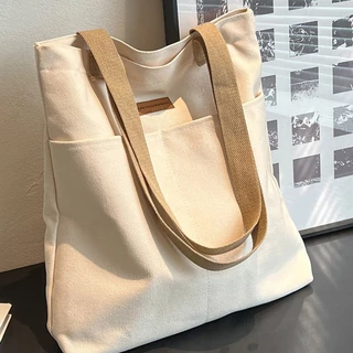 Bolsa Simples De Lona Tote , Para Ombro De Grande Capacidade De Bolso Múltiplo Escola , Viagem , Compras