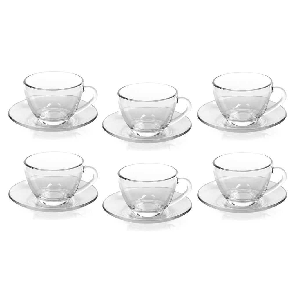 Jogo Xícaras Café Com Pires Chá 12 Peças Vidro Incolor 230ml