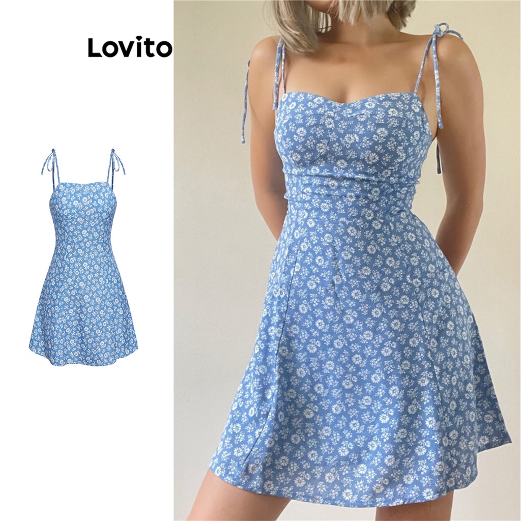 Lovito Casual Vestido Feminino Floral Amarrado L68ED355 (Azul/Preto)