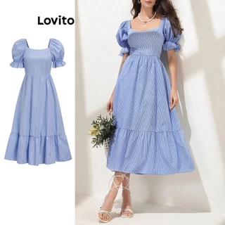 Lovito Vestido de Manga Bufante com Estampa Xadrez e Zíper nas Costas para Mulheres L59ED109 (Azul Claro)