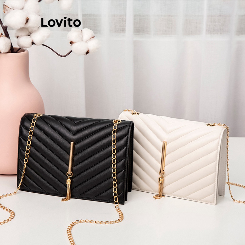 Lovito Casual Bolsa Feminina Pequena de Ombro Liso com Franja e Corrente LFA08020 (Branco/Preto)