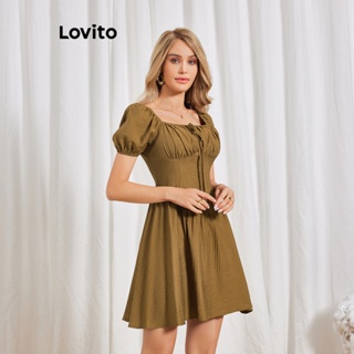 Lovito Vestido com Laço Frontal e Babados Simples para Mulheres LBL06041 (Marrom)