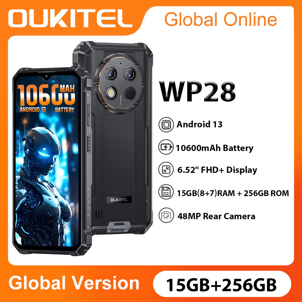 Oukitel WP28 8GB + 256GB Smartphones Robustos 6.52'HD + 10600mAh Android 13 Celular 48MP Câmera Telefones Celulares NFC
