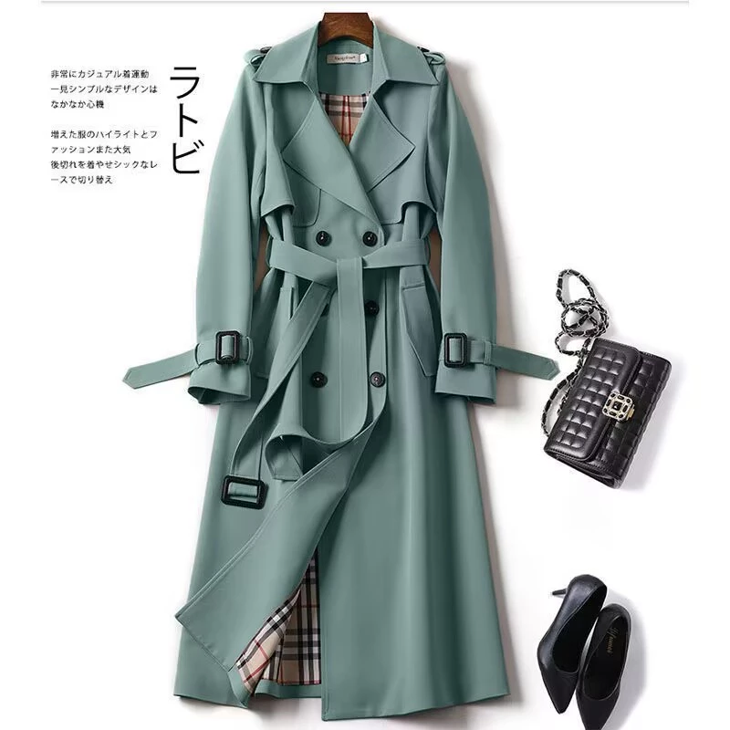 Moda Coreana Vintage Casaco Solto Mola De Outono Pólo De Manga Longa Duplo Peito Alto Midi Windbreaker