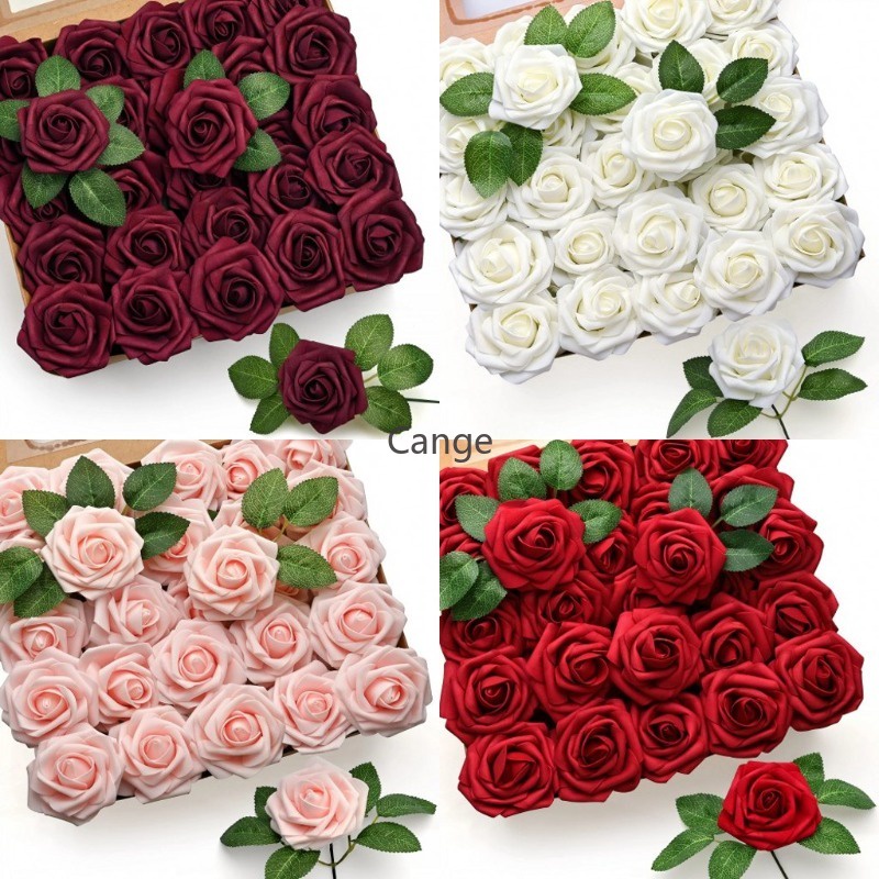 50pcs 8cm Flores De Espuma De PE Artificial Falsas Rosas Com Haste Feliz Aniversário Rose Cake Topper Decoração Festa De Bolo