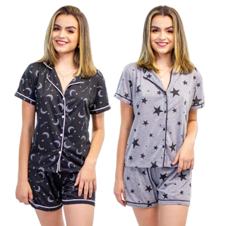 Kit 2 Pijamas Feminino Baby Doll Blogueira Gola Pijama Botão